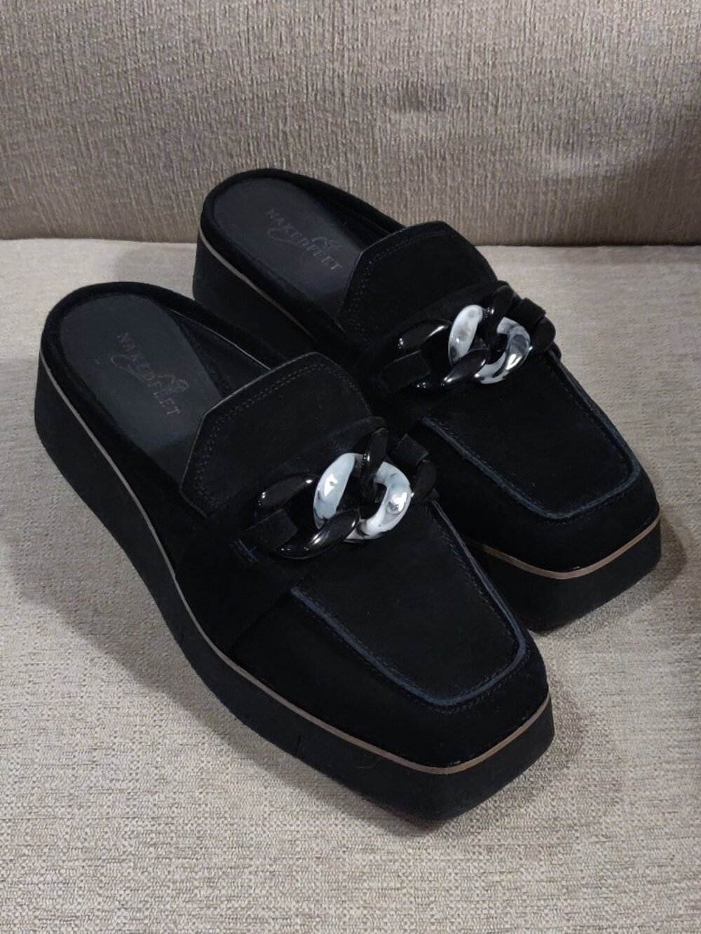 Naked Feet Elect Platform Chain Mules In Black Suede Leather SIZE 9.5